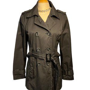 PELLE STUDIO Double Breasted Trench Coat Size Large Black Lined Big Pockets